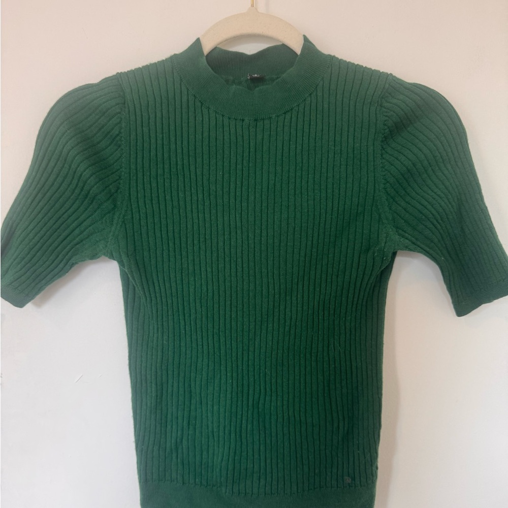 Green Ribbed Short Sleeve Sweater